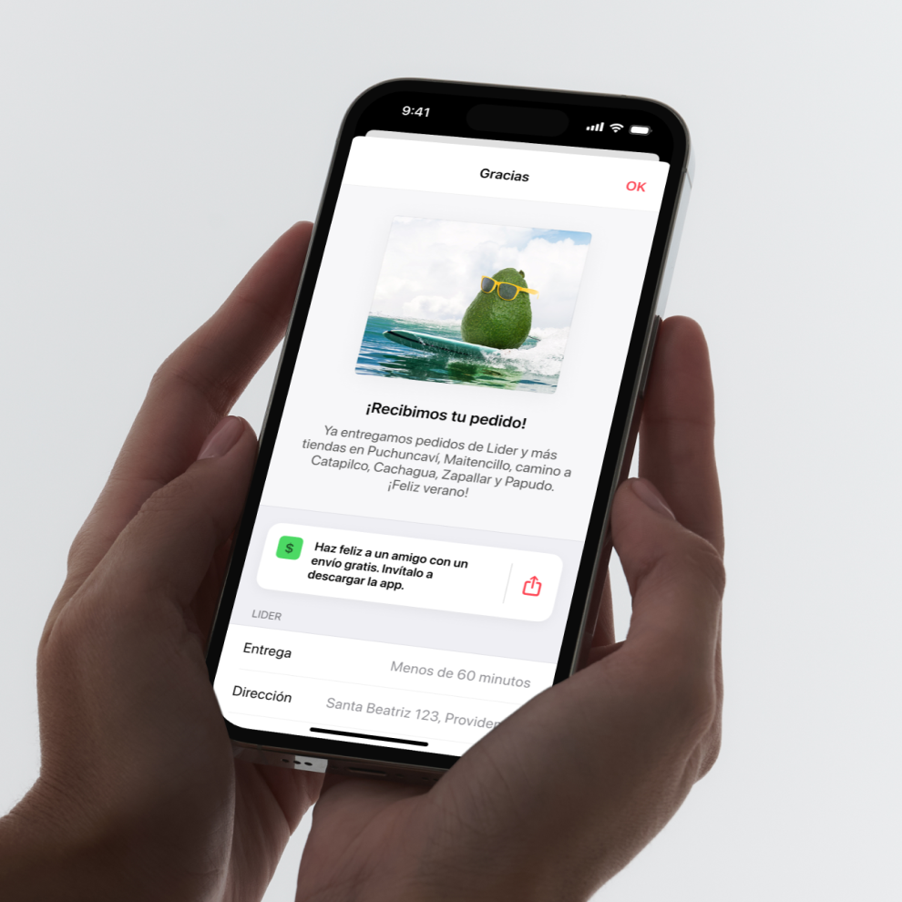 Un iPhone con la app de Cornershop muestra “recibimos tu pedido” y la foto de una palta que usa lentes de sol amarillos surfeando una ola en Puchuncaví.